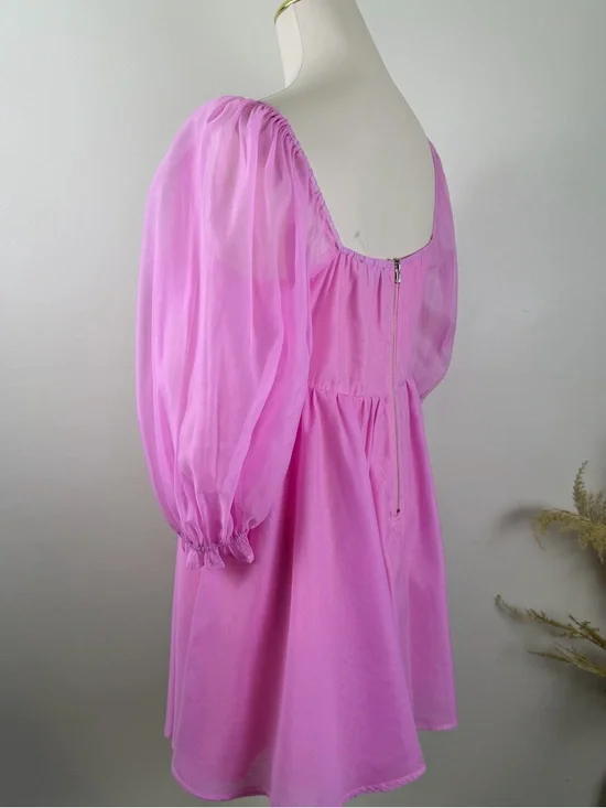 FORE Pink Puff Sleeve Mini Dress Women's Size Medium Square Neck Cottagecore - Picture 7 of 10